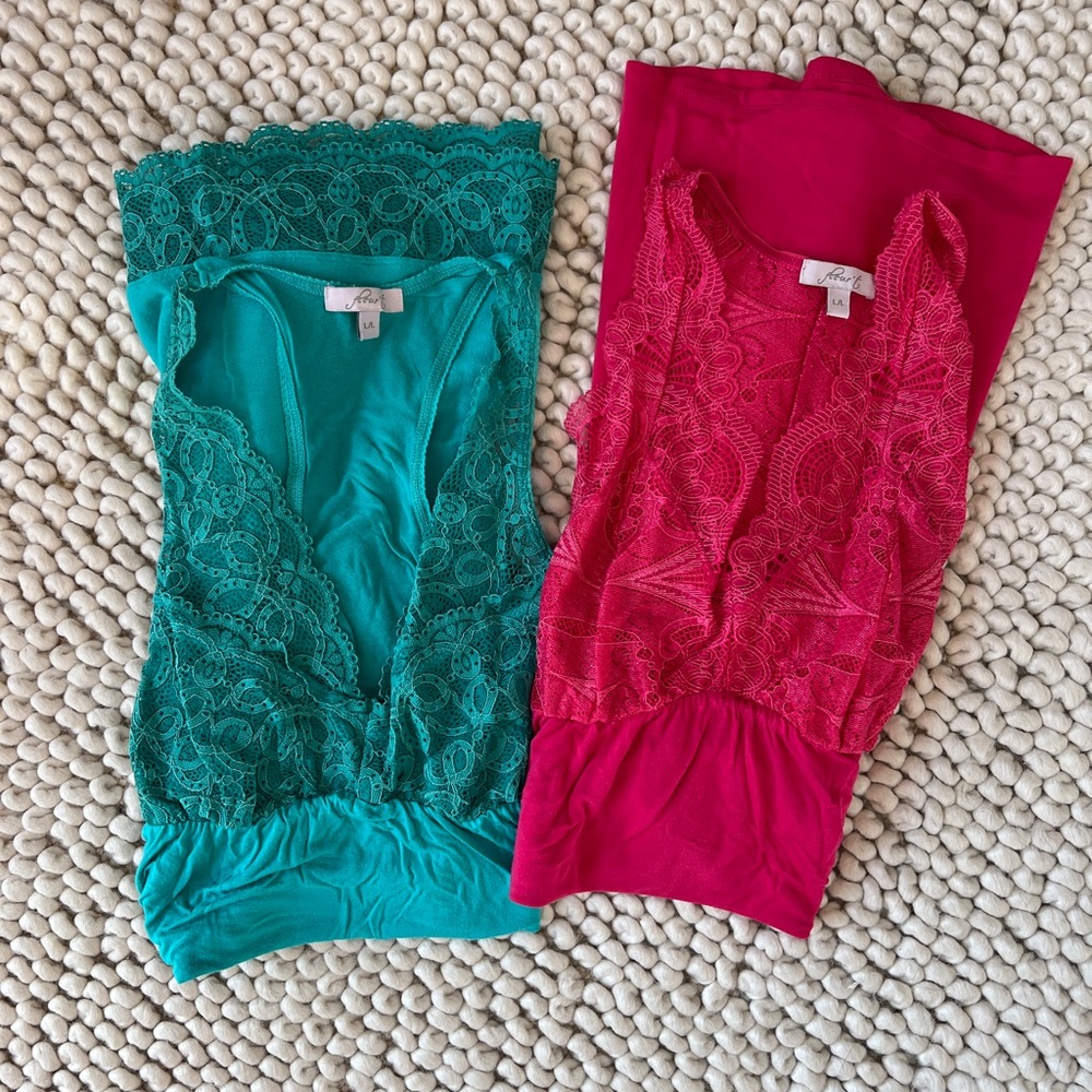 Fleurt lace top chemise L Teal and Pink Set of two